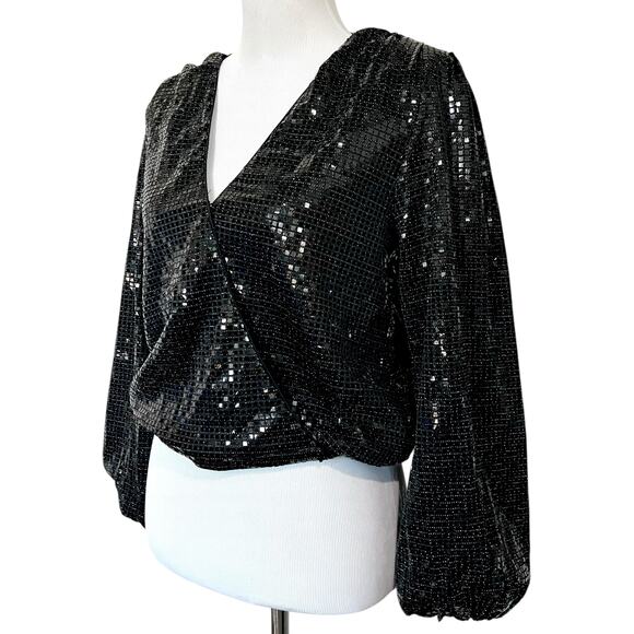 Womens Black Sequin Top Wrap Style V-Neck Long Balloon Sleeves Party Glam Sz M - Picture 2 of 8